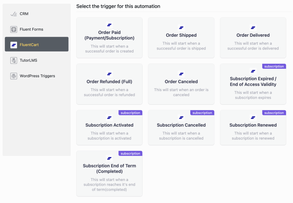 FluentCart automation triggers